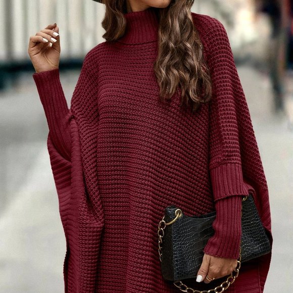 Casual Turtleneck Batwing Sleeve Sweater  burgundy - Picture 5 of 5